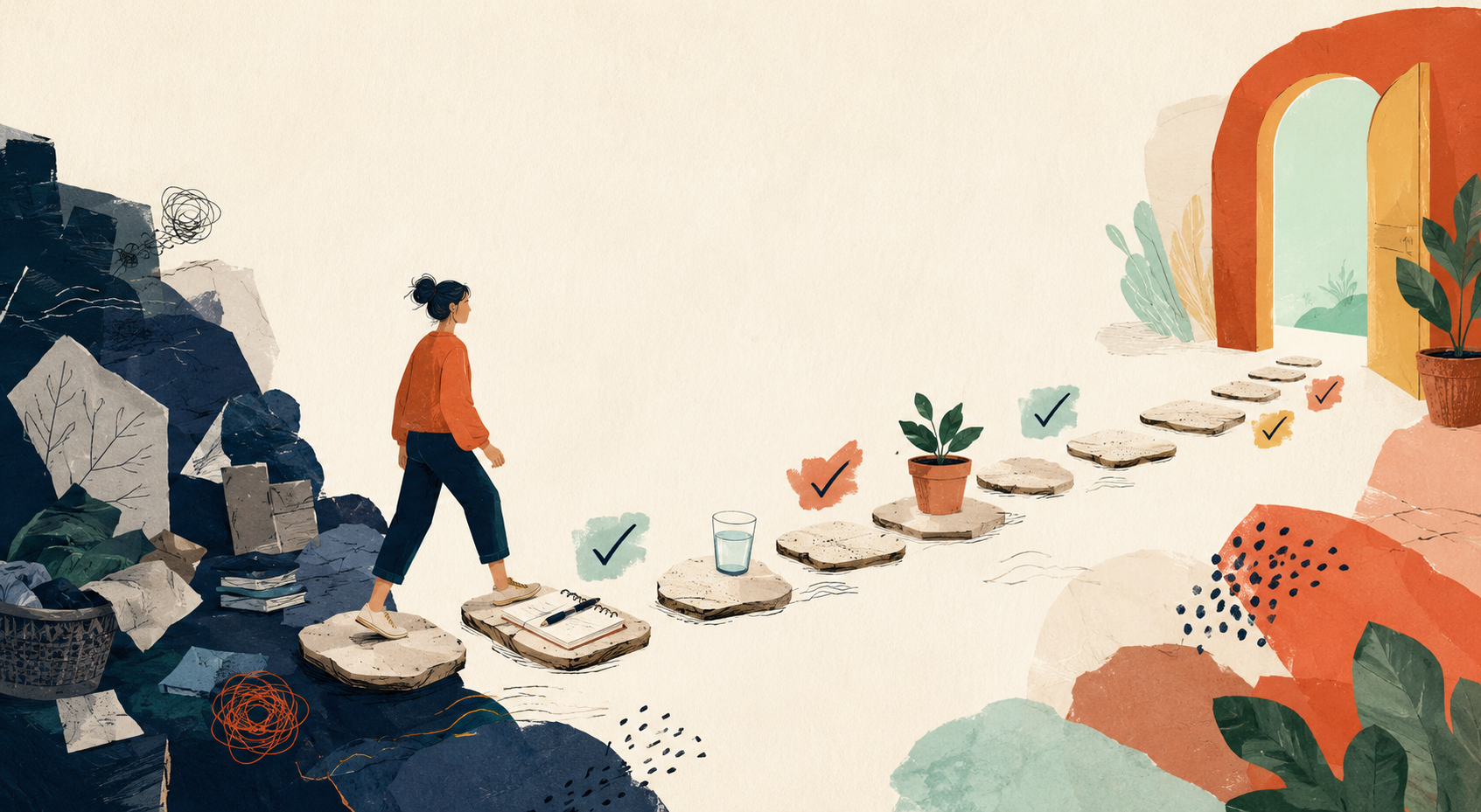 Ilustração editorial de uma pessoa atravessando um caminho de pequenos passos em direção a uma passagem iluminada.
