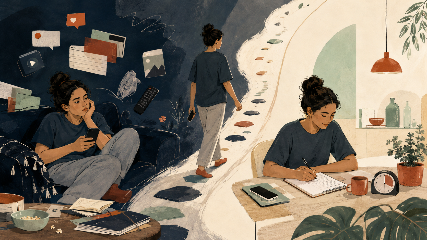 Ilustração editorial que contrasta distração no celular, movimento e uma pessoa começando uma tarefa no caderno.