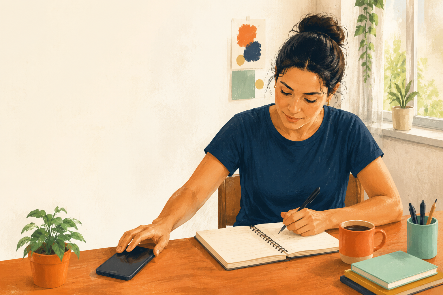 Ilustração editorial de uma pessoa escrevendo em um caderno enquanto o celular permanece afastado sobre a mesa.