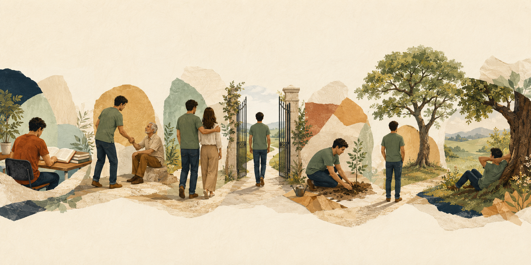 Ilustração editorial de sete momentos conectados por um caminho, representando os sete ciclos da vida.