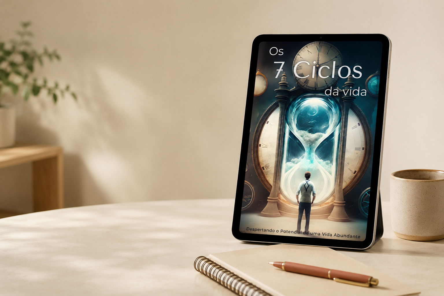 E-book Os 7 Ciclos da Vida exibido em um mockup digital sobre uma mesa de madeira.