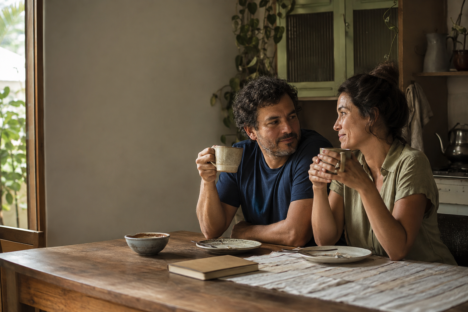 Casal compartilhando um momento tranquilo em casa.